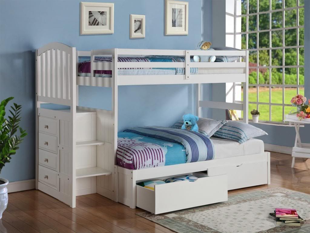 Wood Bunk Bed with Reversible Stairs & Builtin 4 Drawer Chest White