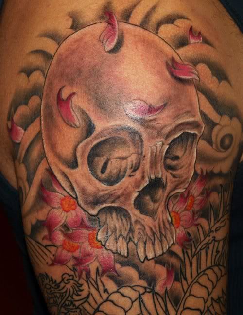 Skull Cherry Blossoms windbars half sleeve Tattoo