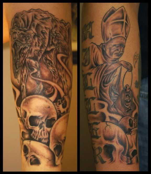 Wolf Pope skulls half sleeve Tattoo