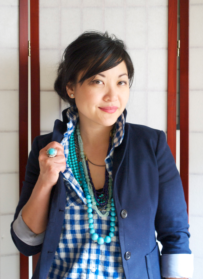 30 for 30 - Red White and Blues - Blue Gingham - White Pants - Navy Banana Republic Blazer - Stacked Beaded Necklaces 30 for 30 - Red White and Blues - Blue Gingham - White Pants - Navy Banana Republic Blazer - Stacked Beaded Necklaces