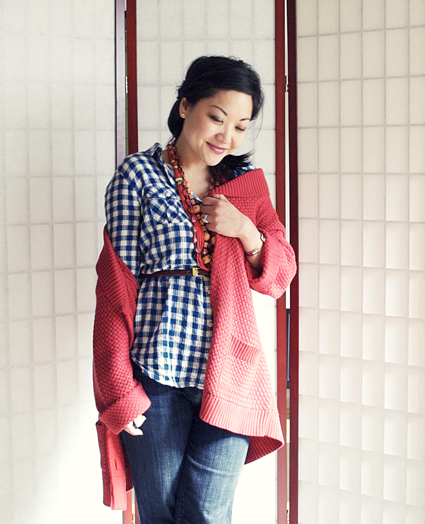 Country Meets City - Coral Oversized Knit Sweater Coat - 70s Fresh - Flared Denim - Navy Blazer - Checkered Shirt Country Meets City - Coral Oversized Knit Sweater Coat - 70s Fresh - Flared Denim - Navy Blazer - Checkered Shirt