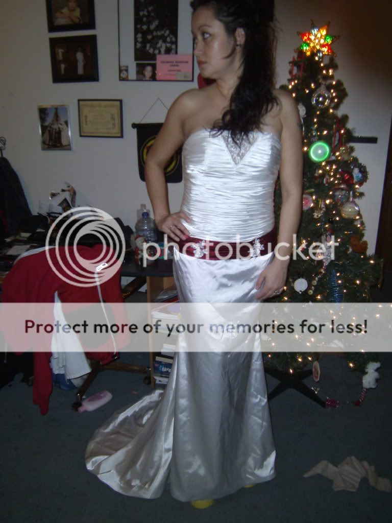 Ivory with Red Sash Mermaid Style Wedding Dress SZ 10, Veil & Gloves 